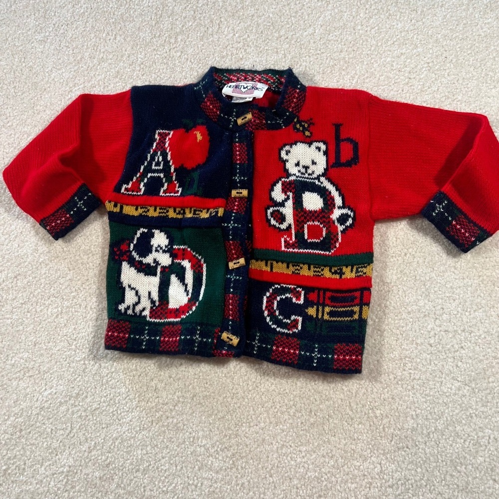 Heartworks Cardigan Sweater Kids 3T Red Alphabet Bear Dog Vintage USA Knit